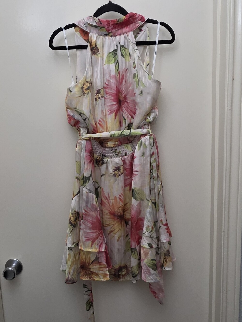 Guess floral halter mini dress with tie neck and belt
